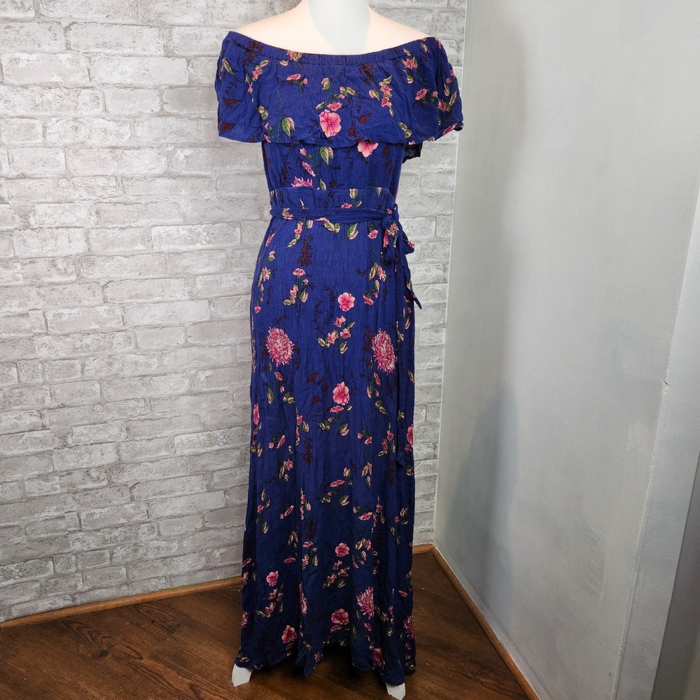 Baltic‎ Born Maxi Dress Blue Floral Rayon Off Shoulder Boho Cottagecore Large